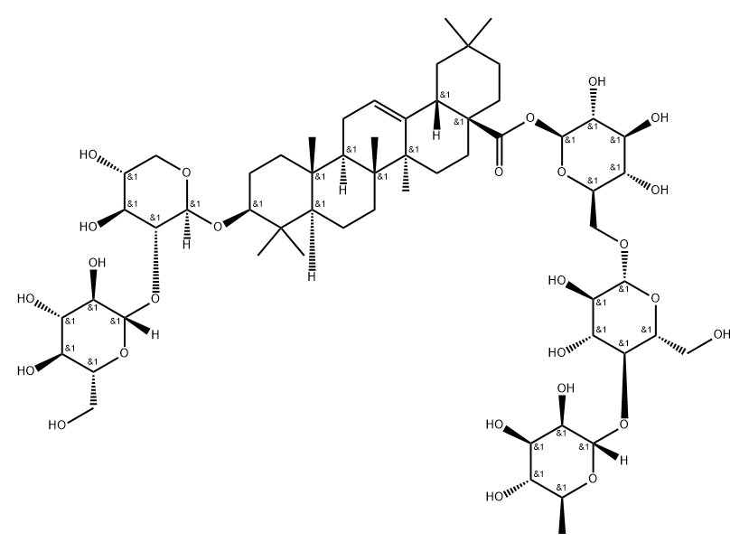 Olean-12-en-28-oic acid, 3-[(2-O-β-D-glucopyranosyl-β-D-xylopyranosyl)oxy]-, O-6-deoxy-α-L-mannopyranosyl-(1→4)-O-β-D-glucopyranosyl-(1→6)-β-D-glucopyranosyl ester, (3β)- 구조식 이미지
