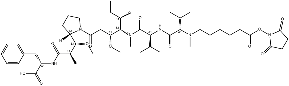 L-Phenylalanine, N-[6-[(2,5-dioxo-1-pyrrolidinyl)oxy]-6-oxohexyl]-N-methyl-L-valyl-L-valyl-(3R,4S,5S)-3-methoxy-5-methyl-4-(methylamino)heptanoyl-(αR,βR,2S)-β-methoxy-α-methyl-2-pyrrolidinepropanoyl- Structure