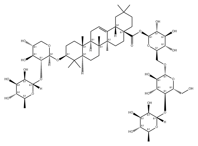 Olean-12-en-28-oic acid, 3-[[2-O-(6-deoxy-α-L-mannopyranosyl)-β-D-xylopyranosyl]oxy]-, O-6-deoxy-α-L-mannopyranosyl-(1→4)-O-β-D-glucopyranosyl-(1→6)-β-D-glucopyranosyl ester, (3β)- 구조식 이미지