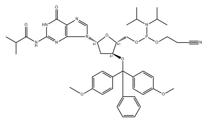 Guanosine, 3'-O-[bis(4-methoxyphenyl)phenylmethyl]-2'-deoxy-N-(2-methyl-1-oxopropyl)-, 5-[2-cyanoethyl N,N-bis(1-methylethyl)phosphoramidite] Structure