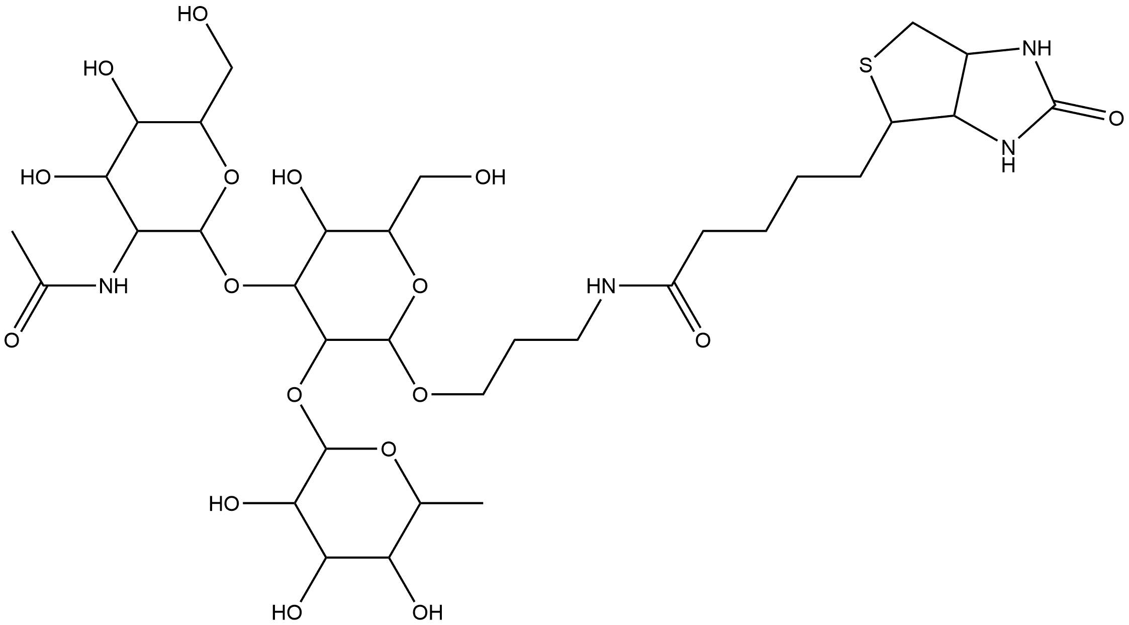 3aS-(3aα,4β,6aα)]-N-[3-[[O-2-(acetylamino)-2-deoxy-α-D-galactopyranosyl-(1→3)-O-[6-deoxy-α-L-galactopyranosyl-(1→2)]-β-D-galactopyranosyl]oxy]propyl]hexahydro-2-oxo-1H-Thieno[3,4-d]imidazole-4-pentanamide Structure
