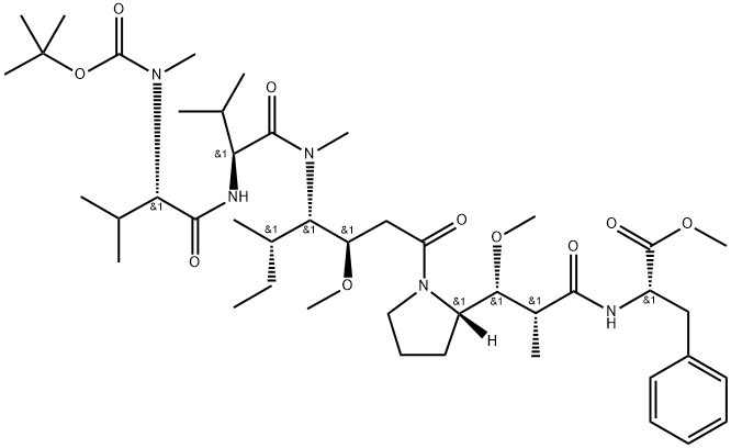 L-Phenylalanine, N-[(1,1-dimethylethoxy)carbonyl]-N-methyl-L-valyl-L-valyl-(3R,4S,5S)-3-methoxy-5-methyl-4-(methylamino)heptanoyl-(αR,βR,2S)-β-methoxy-α-methyl-2-pyrrolidinepropanoyl-, methyl ester 구조식 이미지