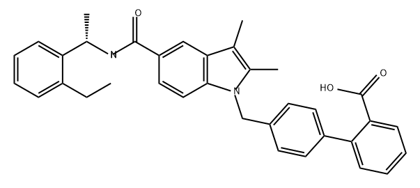 (S)-4'-((5-((1-(2-ethylphenyl)ethyl)carbamoyl)-2,3-dimethyl-1H-indol-1-yl)methyl)-[1,1'-biphenyl]-2-carboxylic acid Structure