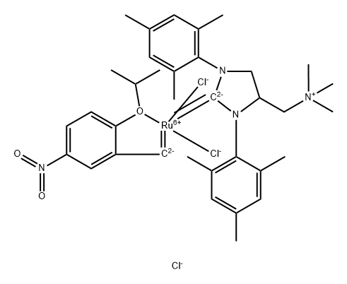 1,3-Bis(2,4,6-trimethylphenyl)-4-[(trimethylammonio)methyl]imidazolidin-2-ylidene]-(2-i-propoxy-5-nitrobenzylidene)dichlororuthenium(II) chloride nitro-StickyCat Cl 구조식 이미지