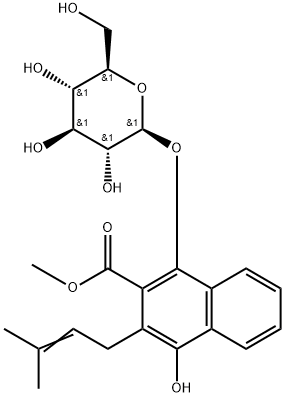 1,4-dihydroxy-2-carbomethoxy-3-prenylnaphthalene-1-O-β-D-glucopyranoside Structure