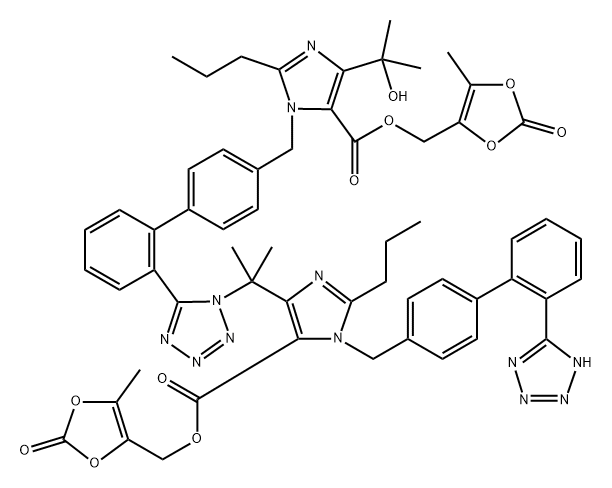 1H-Imidazole-5-carboxylic acid, 4-(1-hydroxy-1-methylethyl)-1-[[2′-[1-[1-methyl-1-[5-[[(5-methyl-2-oxo-1,3-dioxol-4-yl)methoxy]carbonyl]-2-propyl-1-[[2′-(2H-tetrazol-5-yl)[1,1′-biphenyl]-4-yl]methyl]-1H-imidazol-4-yl]ethyl]-1H-tetrazol-5-yl][1,1′-biphenyl]-4-yl]methyl]-2-propyl-, (5-methyl-2-oxo-1,3-dioxol-4-yl)methyl ester 구조식 이미지