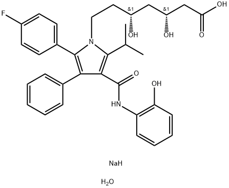 1H-Pyrrole-1-heptanoic acid, 2-(4-fluorophenyl)-β,δ-dihydroxy-4-[[(2-hydroxyphenyl)amino]carbonyl]-5-(1-methylethyl)-3-phenyl-, sodium salt, hydrate (1:1:2), (βR,δR)- 구조식 이미지