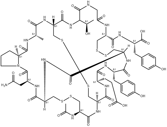 L-Tyrosine, N-acetyl-L-cysteinyl-L-cysteinyl-L-α-glutamyl-L-tyrosyl-L-cysteinyl-L-cysteinyl-L-asparaginyl-L-prolyl-L-alanyl-L-cysteinyl-L-threonylglycyl-L-cysteinyl-, cyclic (1→6),(2→10),(5→13)-tris(disulfide) 구조식 이미지