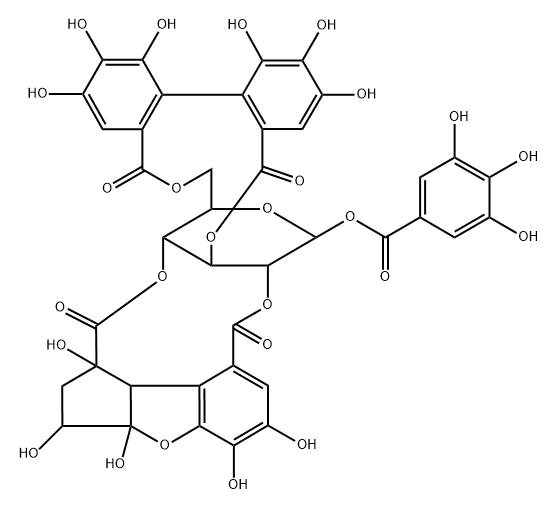 β-D-Glucopyranose, cyclic 3,6-(4,4',5,5',6,6'-hexahydroxy[1,1'-biphenyl]-2,2'-dicarboxylate) cyclic 2→8:4→1-(2,3,3a,8b-tetrahydro-1,3,3a,5,6-pentahydroxy-1H-cyclopenta[b]benzofuran-1,8-dicarboxylate) 1-(3,4,5-trihydroxybenzoate) 구조식 이미지