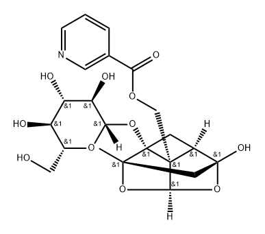 β-D-Glucopyranoside, (1aR,2S,3aR,5R,5aR,5bS)-tetrahydro-5-hydroxy-2-methyl-5b-[[(3-pyridinylcarbonyl)oxy]methyl]-2,5-methano-1H-3,4-dioxacyclobuta[cd]pentalen-1a(2H)-yl Structure