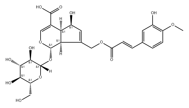 Cyclopenta[c]pyran-4-carboxylic acid, 1-(β-D-glucopyranosyloxy)-1,4a,5,7a-tetrahydro-5-hydroxy-7-[[[(2E)-3-(3-hydroxy-4-methoxyphenyl)-1-oxo-2-propen-1-yl]oxy]methyl]-, (1S,4aS,5S,7aS)- 구조식 이미지