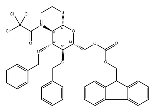 Ethyl 3,4-di-O-benzyl-2-deoxy-2-[(2,2,2,-trichloroacetyl)amino]-6-O-(9-fluorenylmethoxycarbonyl)-1-thio-β-D-glucopyranoside Structure