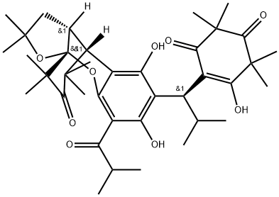 4-Cyclohexene-1,3-dione, 5-hydroxy-2,2,6,6-tetramethyl-4-[(1S)-2-methyl-1-[(3aR,4R,9aR)-2,3,3a,4-tetrahydro-5,7-dihydroxy-2,2,10,10,12,12-hexamethyl-8-(2-methyl-1-oxopropyl)-11-oxo-4,9a-propano-9aH-furo[2,3-b][1]benzopyran-6-yl]propyl]-, (+)- Structure