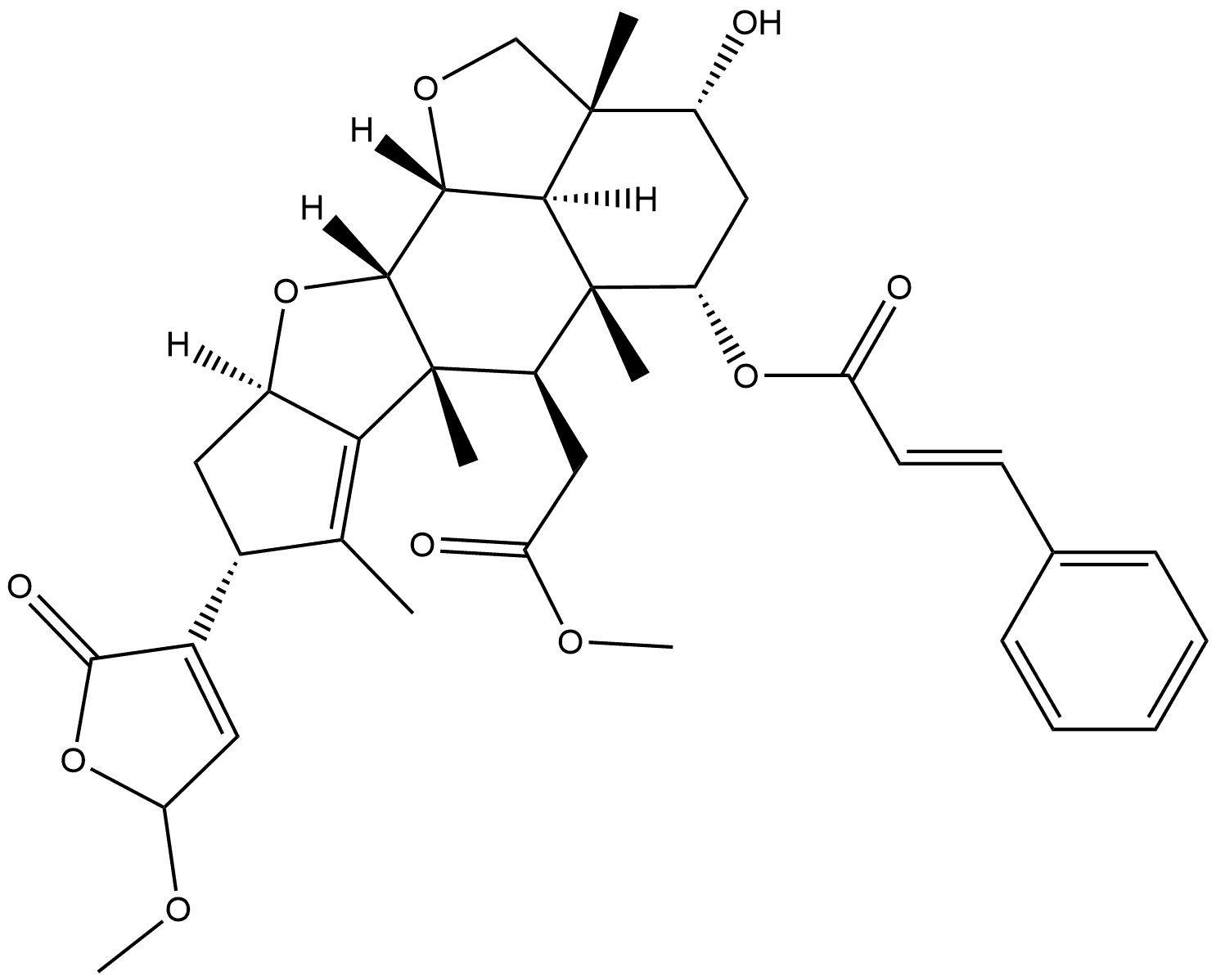 2H,3H-Cyclopenta[d']naphtho[1,8-bc:2,3-b']difuran-6-acetic acid, 8-(2,5-dihydro-5-methoxy-2-oxo-3-furanyl)-2a,4,5,5a,6,6a,8,9,9a,10a,10b,10c-dodecahydro-3-hydroxy-2a,5a,6a,7-tetramethyl-5-[[(2E)-1-oxo-3-phenyl-2-propen-1-yl]oxy]-, methyl ester, (2aR,3R,5S,5aR,6R,6aR,8R,9aR,10aS,10bR,10cR)- Structure