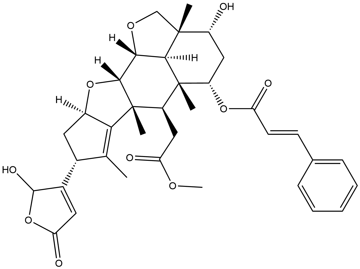 2H,3H-Cyclopenta[d']naphtho[1,8-bc:2,3-b']difuran-6-acetic acid, 8-(2,5-dihydro-2-hydroxy-5-oxo-3-furanyl)-2a,4,5,5a,6,6a,8,9,9a,10a,10b,10c-dodecahydro-3-hydroxy-2a,5a,6a,7-tetramethyl-5-[[(2E)-1-oxo-3-phenyl-2-propen-1-yl]oxy]-, methyl ester, (2aR,3R,5S,5aR,6R,6aR,8R,9aR,10aS,10bR,10cR)- Structure