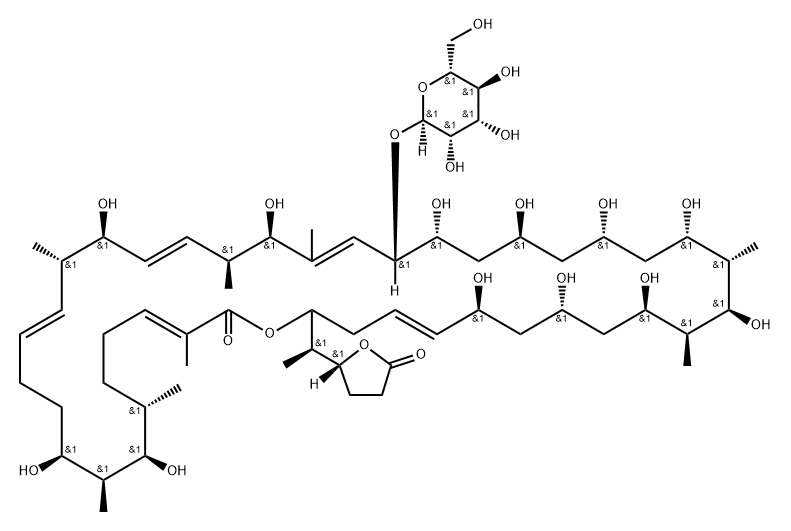 Oxacyclodotetraconta-3,13,17,21,39-pentaen-2-one, 8,10,16,20,24,26,28,30,32,34,36,38-dodecahydroxy-23-(α-D-mannopyranosyloxy)-3,7,9,15,19,21,31,33-octamethyl-42-[(1R)-1-[(2R)-tetrahydro-5-oxo-2-furanyl]ethyl]-, (3E,7S,8R,9S,10S,13E,15S,16S,17E,19S,20R,21E,23S,24R,26S,28S,30S,31S,32R,33S,34R,36S,38S,39E,42S)- Structure