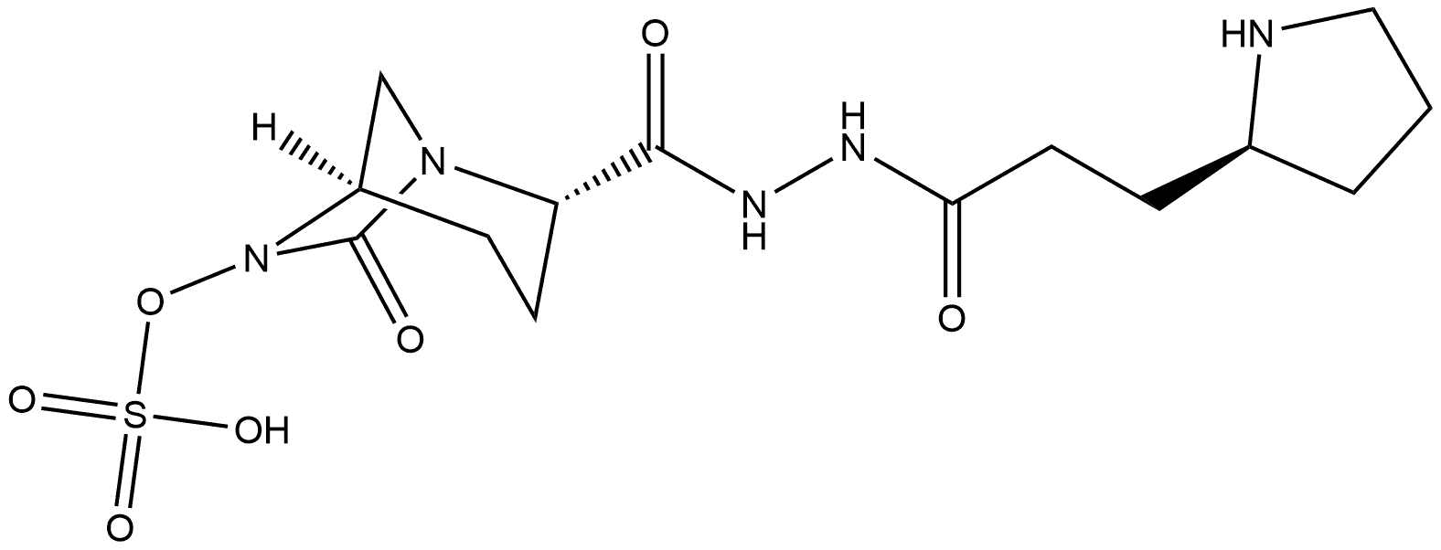 1,6-Diazabicyclo[3.2.1]octane-2-carboxylic acid, 7-oxo-6-(sulfooxy)-, 2-[2-[1-oxo-3-(2S)-2-pyrrolidinylpropyl]hydrazide], (2S,5R)- Structure