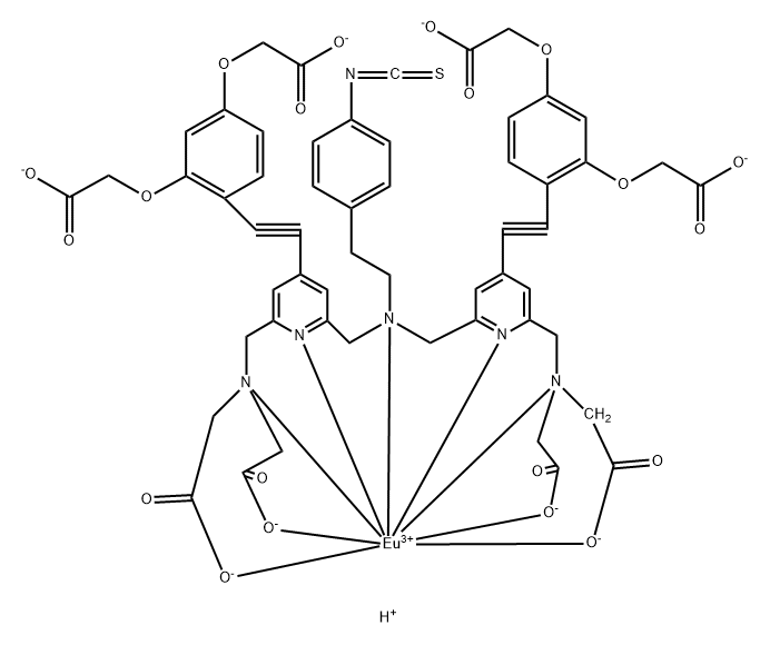 2,2',2",2'"-(((6,6'-(((4-isothiocyanatophenethyl)azanediyl)-bis(methylene))bis(4-((2,4-bis(carboxymethoxy)phenyl)ethynyl)pyridine-6,2-diyl))bis-(methylene))bis(azanetriyl))tetraacetate europium(III) 구조식 이미지