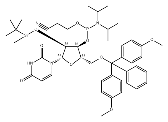 2,4(1H,3H)-Pyrimidinedione, 1-[5-O-[bis(4-methoxyphenyl)phenylmethyl]-3-O-[[bis(1-methylethyl)amino](2-cyanoethoxy)phosphino]-2-O-[(1,1-dimethylethyl)dimethylsilyl]-β-L-ribofuranosyl]- Structure