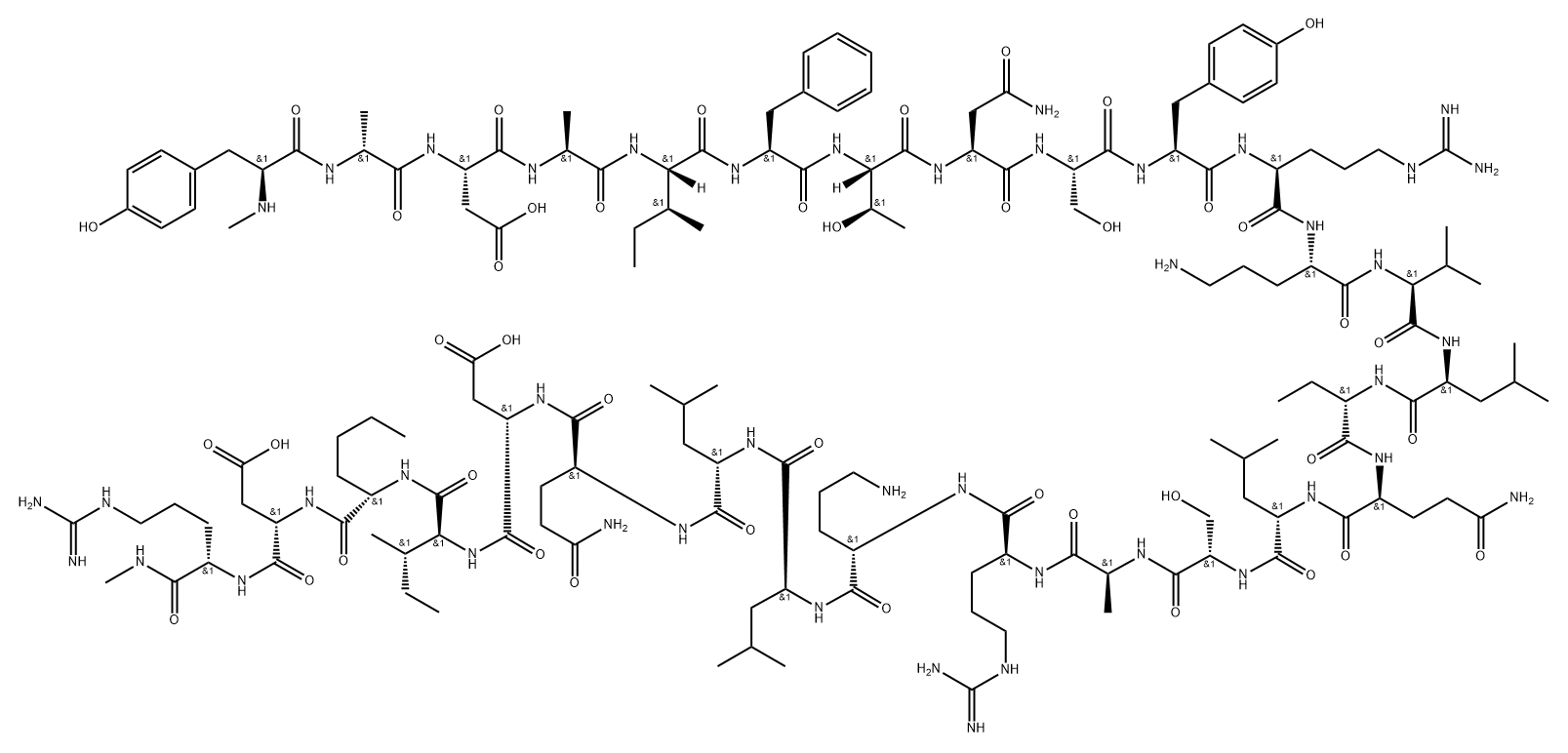 L-Argininamide, N-methyl-L-tyrosyl-D-alanyl-L-α-aspartyl-L-alanyl-L-isoleucyl-L-phenylalanyl-L-threonyl-L-asparaginyl-L-seryl-L-tyrosyl-L-arginyl-L-ornithyl-L-valyl-L-leucyl-(2S)-2-aminobutanoyl-L-glutaminyl-L-leucyl-L-seryl-L-alanyl-L-arginyl-L-ornithyl-L-leucyl-L-leucyl-L-glutaminyl-L-α-aspartyl-L-isoleucyl-L-norleucyl-L-α-aspartyl-N-methyl- Structure