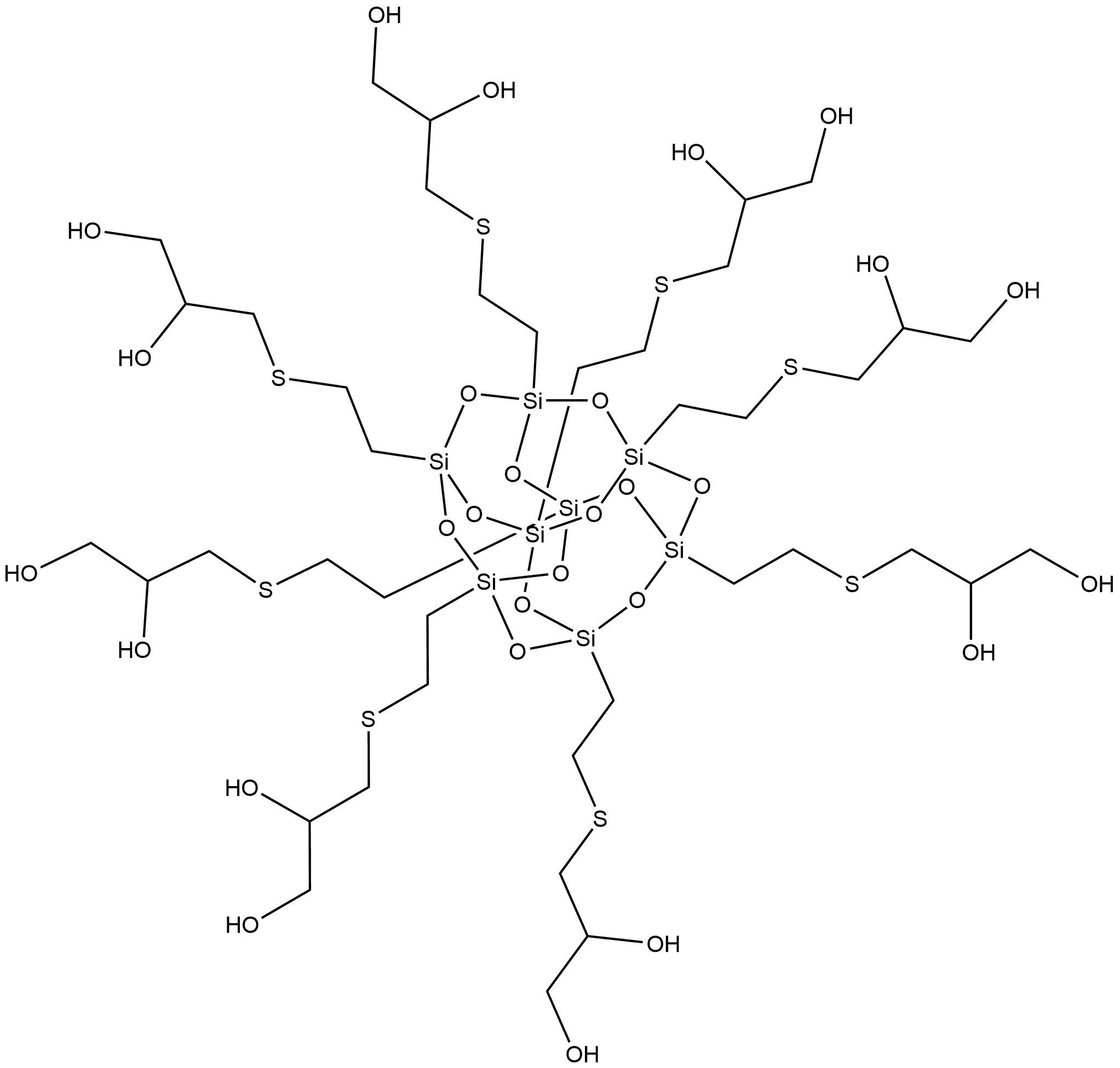 1,2-Propanediol, 3,3',3'',3''',3'''',3''''',3'''''',3'''''''-[pentacyclo[9.5.1.13,9.15,15.17,13]octasiloxane-1,3,5,7,9,11,13,15-octayloctakis(2,1-ethanediylthio)]octakis- Structure