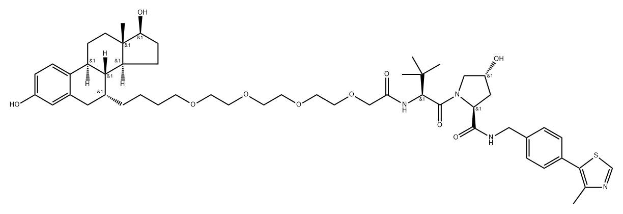 2-Pyrrolidinecarboxamide, 1-[(2S)-19-[(7α,17β)-3,17-dihydroxyestra-1,3,5(10)-trien-7-yl]-2-(1,1-dimethylethyl)-1,4-dioxo-6,9,12,15-tetraoxa-3-azanonadec-1-yl]-4-hydroxy-N-[[4-(4-methyl-5-thiazolyl)phenyl]methyl]-, (2S,4R)- 구조식 이미지