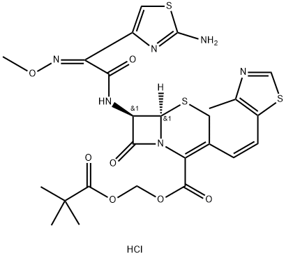 5-Thia-1-azabicyclo[4.2.0]oct-2-ene-2-carboxylic acid, 7-[[(2Z)-2-(2-amino-4-thiazolyl)-2-(methoxyimino)acetyl]amino]-3-[(1Z)-2-(4-methyl-5-thiazolyl)ethenyl]-8-oxo-, (2,2-dimethyl-1-oxopropoxy)methyl ester, hydrochloride (1:1), (6R,7R)- Structure