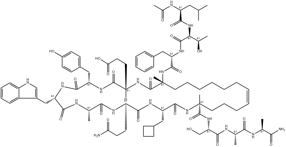 L-Alaninamide, L-α-glutamyl-L-tyrosyl-L-tryptophyl-L-alanyl-L-glutaminyl-3-cyclobutyl-L-alanyl-N14-(N-acetyl-L-leucyl-L-threonyl-L-phenylalanyl)-(2S,6E,14R)-2,14-diamino-14-carboxy-2-methyl-6-pentadecenoyl-L-seryl-L-alanyl-, (7→1)-lactam Structure