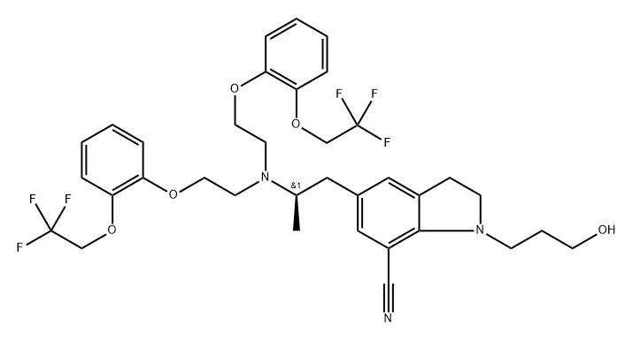 (R)-5-(2-(bis(2-(2-(2,2,2-trifluoroethoxy)phenoxy)ethyl)amino)propyl)-1-(3-hydroxypropyl)indoline-7-carbonitrile Structure
