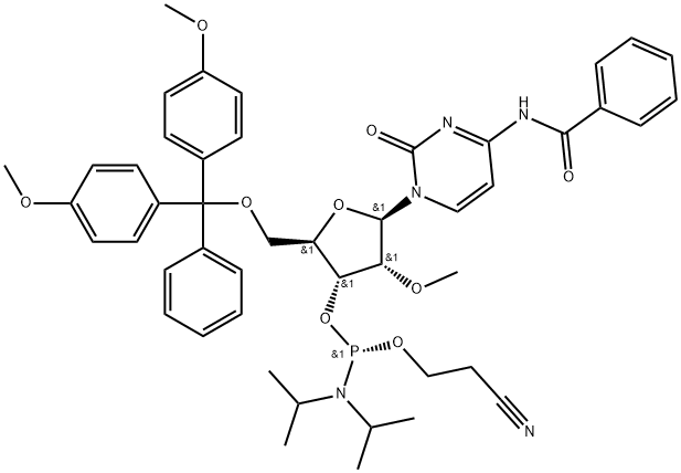 Cytidine, N-benzoyl-5'-O-[bis(4-methoxyphenyl)phenylmethyl]-2'-O-methyl-, 3'-[2-cyanoethyl bis(1-methylethyl)phosphoramidite], (S)- (9CI) 구조식 이미지