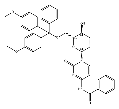 N4-Benzoyl-1-(6-O-DMTr-2,3-dideoxy-beta-D-erythro-hexopyranosyl)cytosine 구조식 이미지