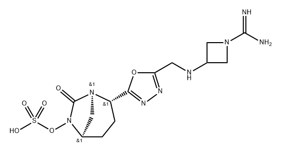 (2S,5R)-2-(5-(((1-carbamimidoylazetidin-3-yl)amino )methyl)-1,3,4-oxadiazol-2-yl)-7-oxo-1,6-diazabicyclo[3.2.1]octan-6-yl hydrogen sulfate Structure