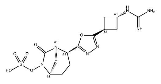 (1R,2S,5R)-2-[5-[trans-3-[(Aminoiminomethyl) amino]cyclobutyl]-1,3,4-oxadiazol-2-yl]-7-oxo1,6-diazabicyclo[3.2.1]oct-6-yl hydrogen sulfate 구조식 이미지