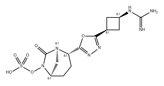 (1R,2S,5R)-2-[5-[cis-3-[(Aminoiminomethyl) amino]cyclobutyl]-1,3,4-oxadiazol-2-yl]-7-oxo1,6-diazabicyclo[3.2.1]oct-6-yl hydrogen sulfate Structure