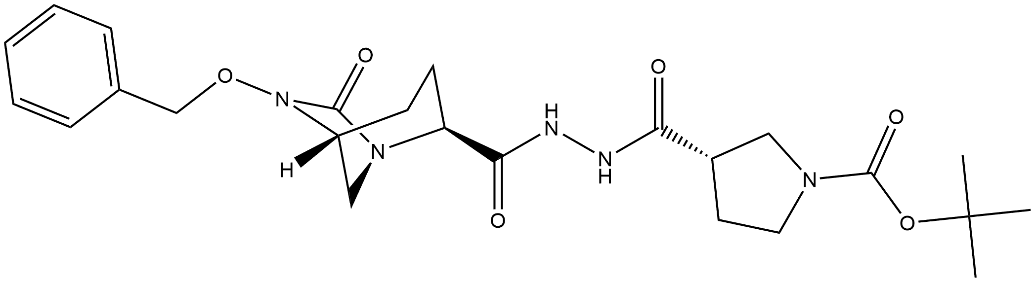 tert-butyl (3S)-3-(2-((2S,5R)-6-(benzyloxy)-7-oxo-  1,6-diazabicyclo[3.2.1] octane-2-carbonyl) hydrazine-1-carbonyl)pyrrolidine-1-carboxylate Structure