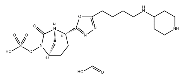 Formic acid, compd. with (1R,2S,5R)-7-oxo-2- [5-[4-(4-piperidinylamino)butyl]-1,3,4- oxadiazol-2-yl]-1,6-diazabicyclo[3.2.1]oct-6-yl hydrogen sulfate (1:X) Structure