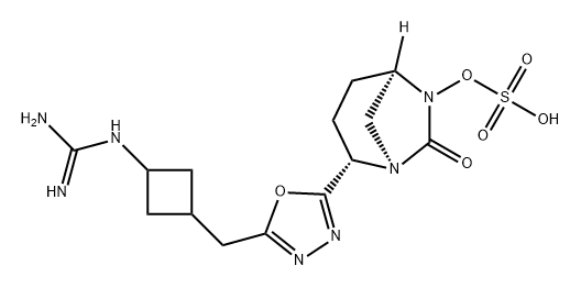 (1R,2S,5R)-2-[5-[[3-[(Aminoiminomethyl) amino]cyclobutyl]methyl]-1,3,4-oxadiazol-2-yl] -7-oxo-1,6-diazabicyclo[3.2.1]oct-6-yl hydrogen sulfate Structure