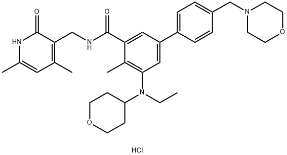 [1,1'-Biphenyl]-3-carboxamide, N-[(1,2-dihydro-4,6-dimethyl-2-oxo-3-pyridinyl)methyl]-5-[ethyl(tetrahydro-2H-pyran-4-yl)amino]-4-methyl-4'-(4-morpholinylmethyl)-, hydrochloride (1:1) Structure