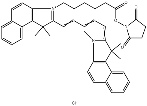 1H-Benz[e]indolium, 2-[5-(1,3-dihydro-1,1,3-trimethyl-2H-benz[e]indol-2-ylidene)-1,3-pentadien-1-yl]-3-[6-[(2,5-dioxo-1-pyrrolidinyl)oxy]-6-oxohexyl]-1,1-dimethyl-, chloride (1:1) 구조식 이미지