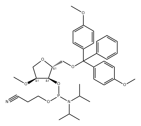 D-?Ribitol, 1,?4-?anhydro-?5-?O-?[bis(4-?methoxyphenyl)?phenylmethyl]?-?2-?O-?methyl-?, 3-?[2-?cyanoethyl N,?N-?bis(1-?methylethyl)?phosphoramidite] Structure