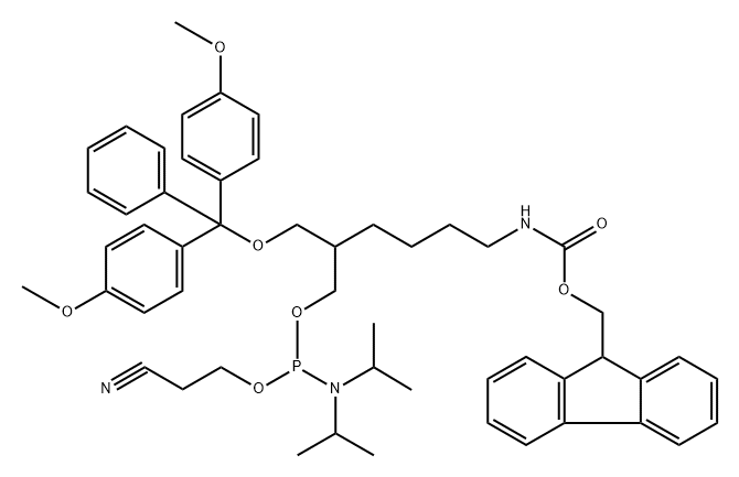 9,11-Dioxa-2-aza-10-phosphatridecanoic acid, 7-[[bis(4-methoxyphenyl)phenylmethoxy]methyl]-10-[bis(1-methylethyl)amino]-13-cyano-, 9H-fluoren-9-ylmethyl ester (9CI) 구조식 이미지