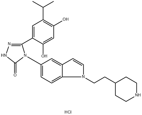 3H-1,2,4-Triazol-3-one, 5-[2,4-dihydroxy-5-(1-methylethyl)phenyl]-2,4-dihydro-4-[1-[2-(4-piperidinyl)ethyl]-1H-indol-5-yl]-, hydrochloride (1:1) Structure