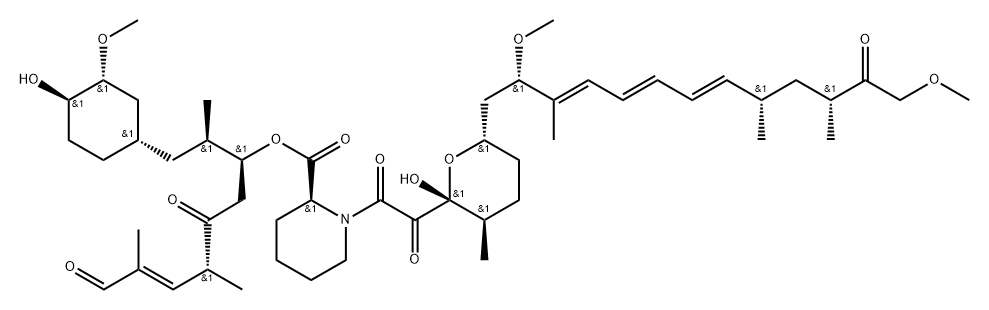 2-Piperidinecarboxylic acid, 1-[[(2R,3R,6S)-6-[(2S,3E,5E,7E,9S,11R)-2,13-dimethoxy-3,9,11-trimethyl-12-oxo-3,5,7-tridecatrienyl]tetrahydro-2-hydroxy-3-methyl-2H-pyran-2-yl]oxoacetyl]-, (1S,4R,5E)-1-[(1R)-2-[(1S,3R,4R)-4-hydroxy-3-methoxycyclohexyl]-1-meth 구조식 이미지