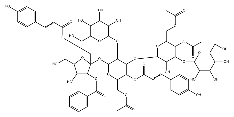 a-D-Glucopyranoside,3-O-benzoyl-1-O-[(2E)-3-(4-hydroxyphenyl)-1-oxo-2-propenyl]-b-D-fructofuranosyl O-b-D-glucopyranosyl-(1(R)2)-O-[O-b-D-glucopyranosyl-(1(R)3)-4,6-di-O-acetyl-b-D-glucopyranosyl-(1(R)3)]-, 6-acetate4-[(2E)-3-(4-hydroxyphenyl)-2-propenoate] (9CI) Structure