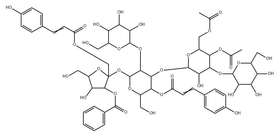 α-D-Glucopyranoside, 3-O-benzoyl-1-O-[(2E)-3-(4-hydroxyphenyl)-1-oxo-2-propen-1-yl]-β-D-fructofuranosyl O-β-D-glucopyranosyl-(1→3)-O-4,6-di-O-acetyl-β-D-glucopyranosyl-(1→3)-O-[β-D-glucopyranosyl-(1→2)]-, 4-[(2E)-3-(4-hydroxyphenyl)-2-propenoate] 구조식 이미지