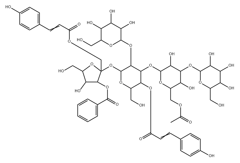 a-D-Glucopyranoside,3-O-benzoyl-1-O-[(2E)-3-(4-hydroxyphenyl)-1-oxo-2-propenyl]-b-D-fructofuranosyl O-b-D-glucopyranosyl-(1(R)2)-O-[O-b-D-glucopyranosyl-(1(R)3)-6-O-acetyl-b-D-glucopyranosyl-(1(R)3)]-,4-[(2E)-3-(4-hydroxyphenyl)-2-propenoate] (9CI) Structure