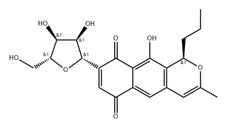 1H-Naphtho[2,3-c]pyran-6,9-dione, 10-hydroxy-3-methyl-1-propyl-8-β-D-ribofuranosyl-, (1R)- Structure