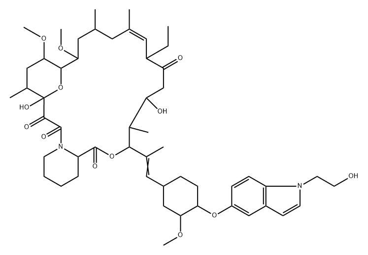 15,19-Epoxy-3H-pyrido[2,1-c][1,4]oxaazacyclotricosine-1,7,20,21(4H,23H)-tetrone, 8-ethyl-5,6,8,11,12,13,14,15,16,17,18,19,24,25,26,26a-hexadecahydro-5,19-dihydroxy-3-[(1E)-2-[(1R,3R,4R)-4-[[1-(2-hydroxyethyl)-1H-indol-5-yl]oxy]-3-methoxycyclohexyl]-1-methylethenyl]-14,16-dimethoxy-4,10,12,18-tetramethyl-, (3S,4R,5S,8R,9E,12S,14S,15R,16S,18R,19R,26aS)- 구조식 이미지