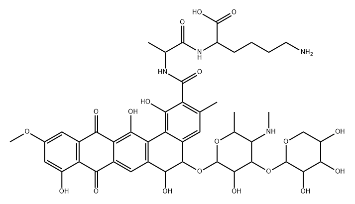 L-Lysine, N2-[N-[[5-[[4,6-dideoxy-4-(methylamino)-3-O-β-D-xylopyranosyl-β-D-galactopyranosyl]oxy]-5,6,8,13-tetrahydro-1,6,9,14-tetrahydroxy-11-methoxy-3-methyl-8,13-dioxobenzo[a]naphthacen-2-yl]carbonyl]-D-alanyl]-, (5S-trans)- (9CI) 구조식 이미지