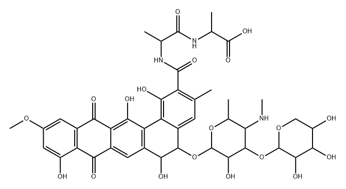 L-Alanine, N-[N-[[5-[[4,6-dideoxy-4-(methylamino)-3-O-β-D-xylopyranosyl-β-D-galactopyranosyl]oxy]-5,6,8,13-tetrahydro-1,6,9,14-tetrahydroxy-11-methoxy-3-methyl-8,13-dioxobenzo[a]naphthacen-2-yl]carbonyl]-D-alanyl]-, (5S-trans)- (9CI) 구조식 이미지